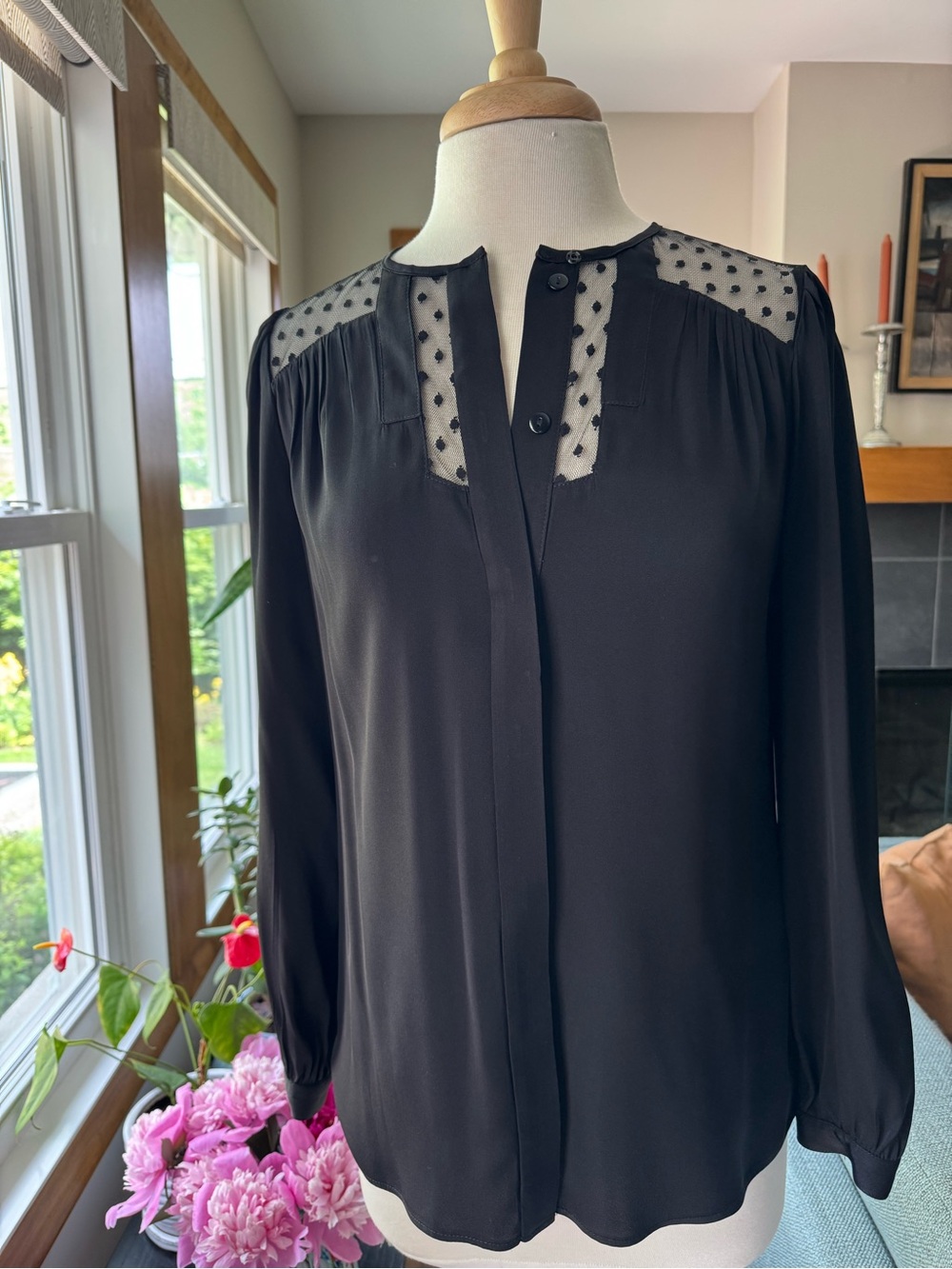 Milly Women's Black Sheer Yoke Button-Front Blouse